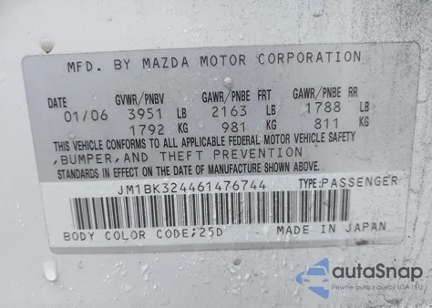 2006 Mazda 3 S from USA, damaged, VIN JM1BK324461476744